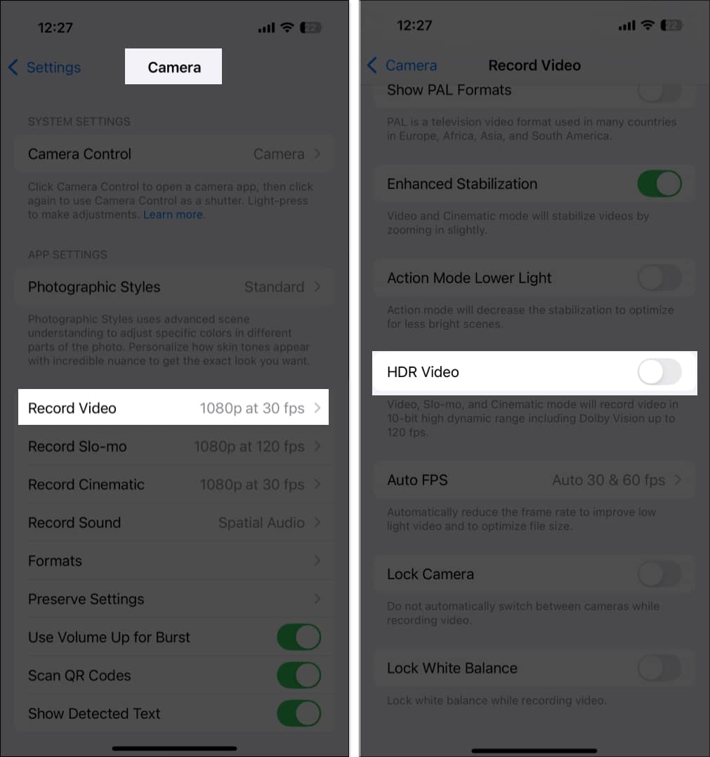 Toggling off HDR video from camera in settings app on iPhone.