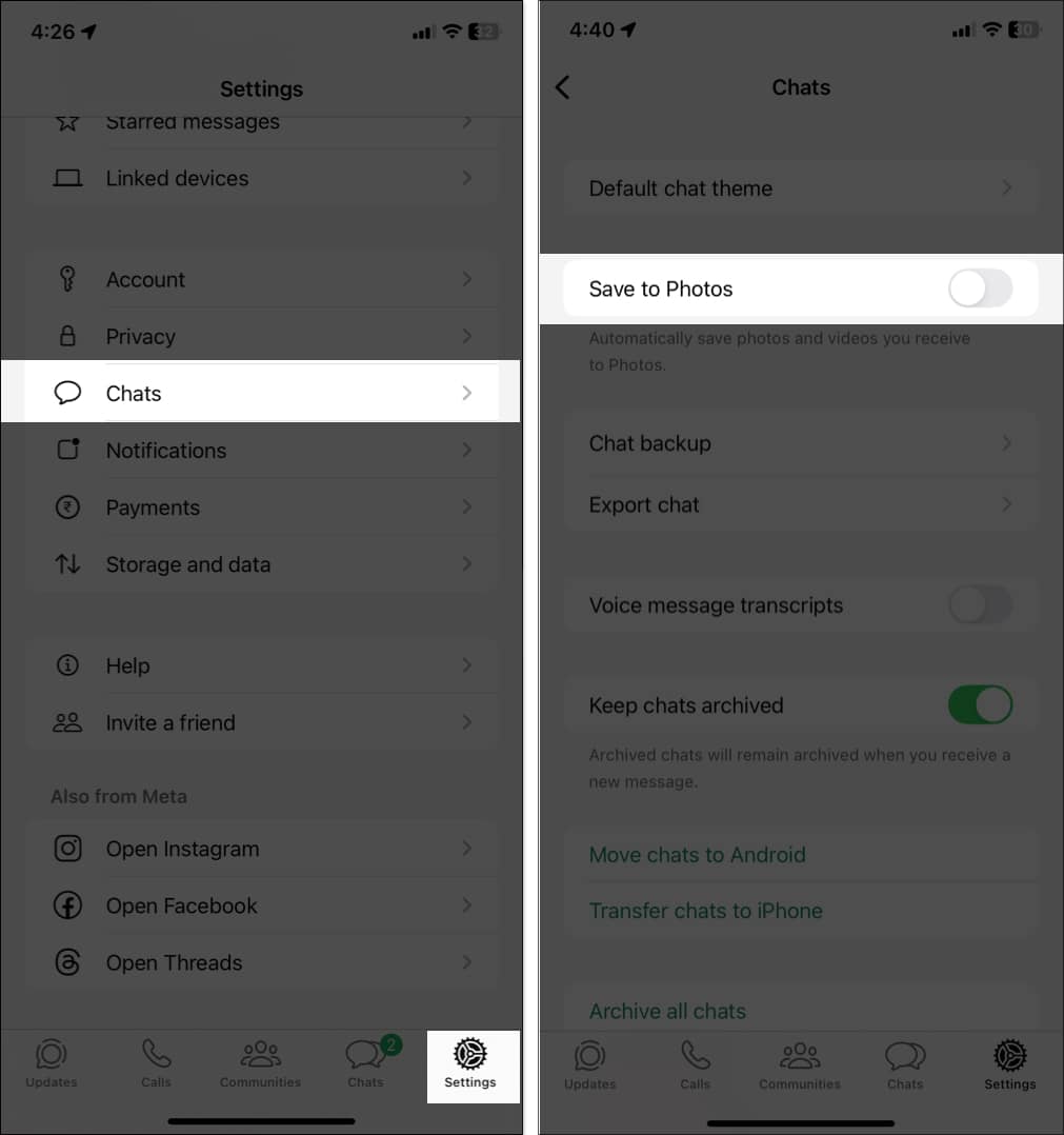 Toggling off Save to Photos in Chats settings on WhatsApp.