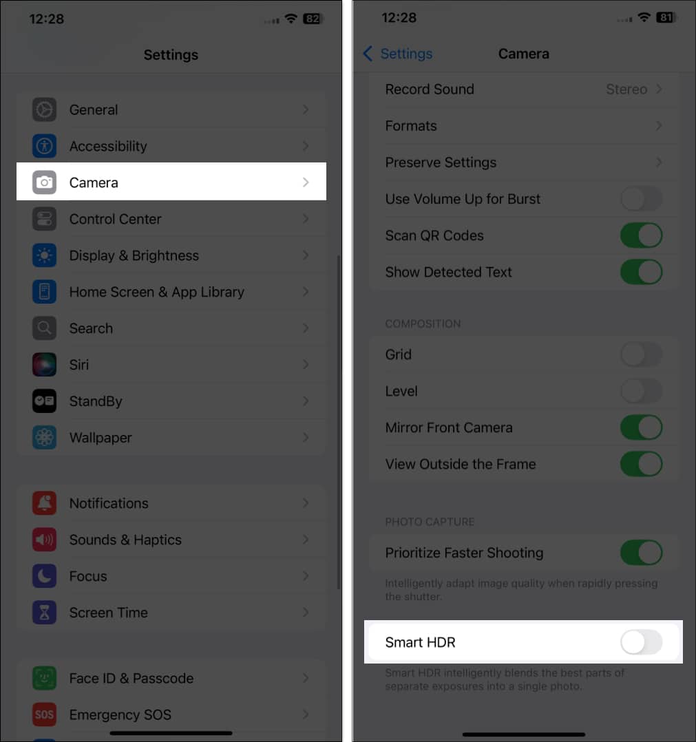 Toggling off Smart HDR from camera settings on iPhone.