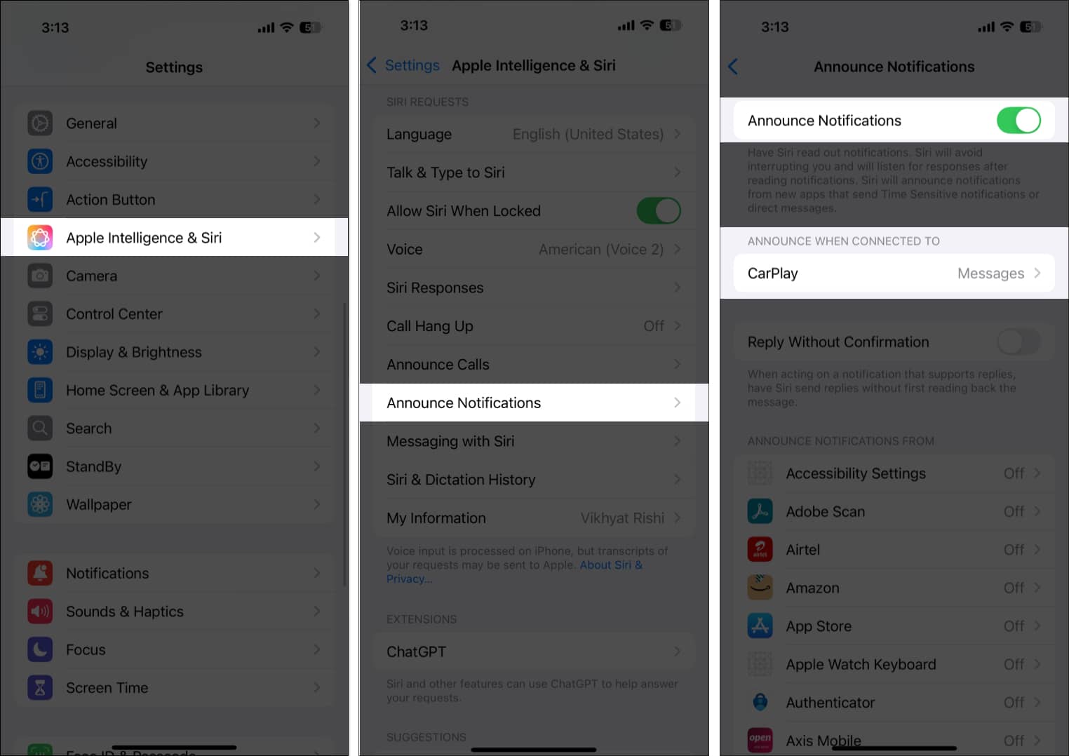 Toggling on Announce Notifications from Apple Intelligence & Siri settings on an iPhone.