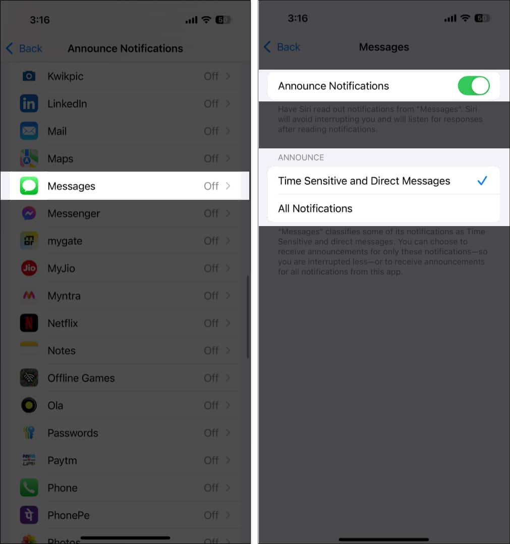 Setting up Announce Notifications for the Messages app.