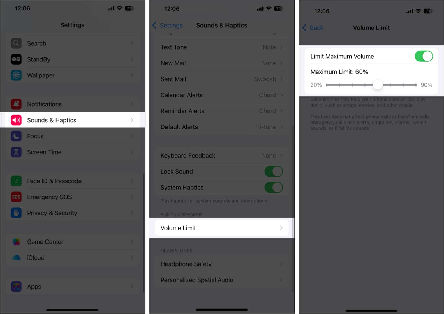 Toggling on the Limit Maximum Volume option and setting a maximum volume limit on an iPhone.