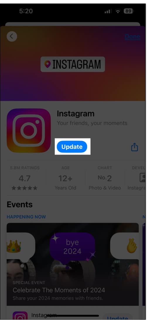 Update Instagram app from App Store on iPhone.