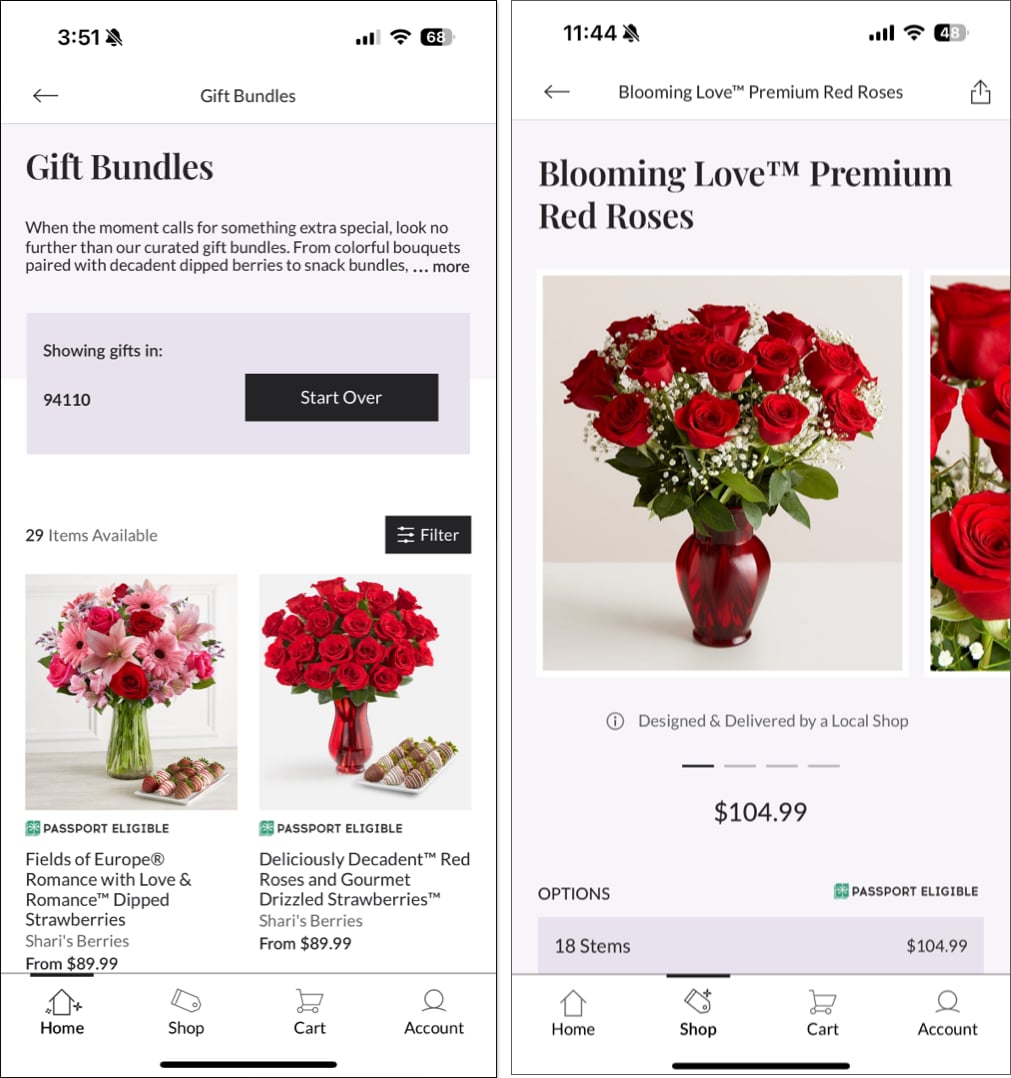1800Flowers app for iPhones.