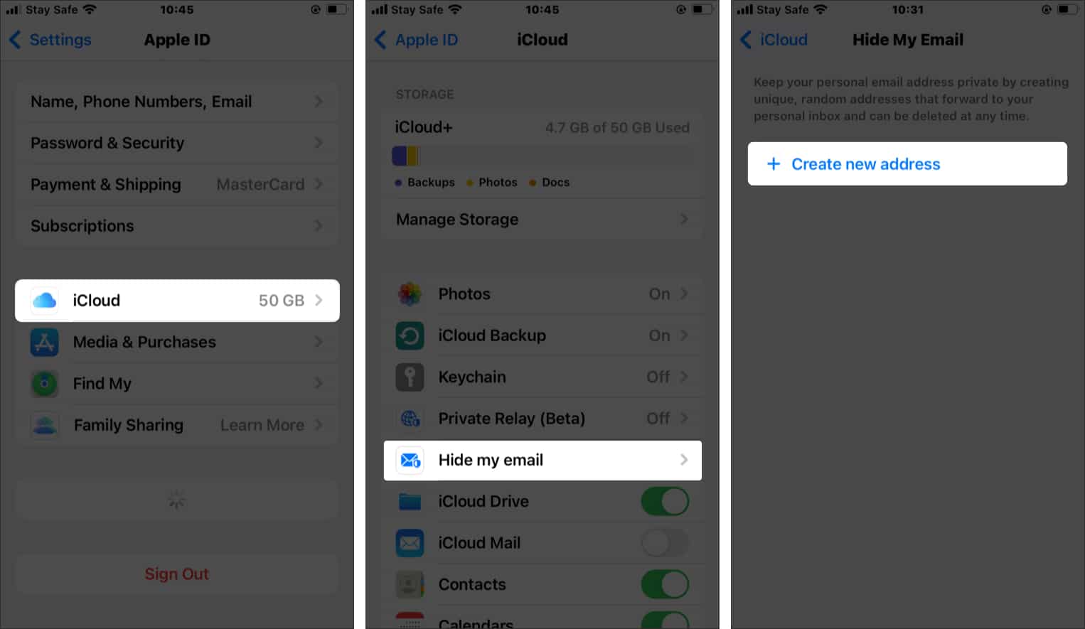 Creating a new new Hide My Email address on an iPhone.