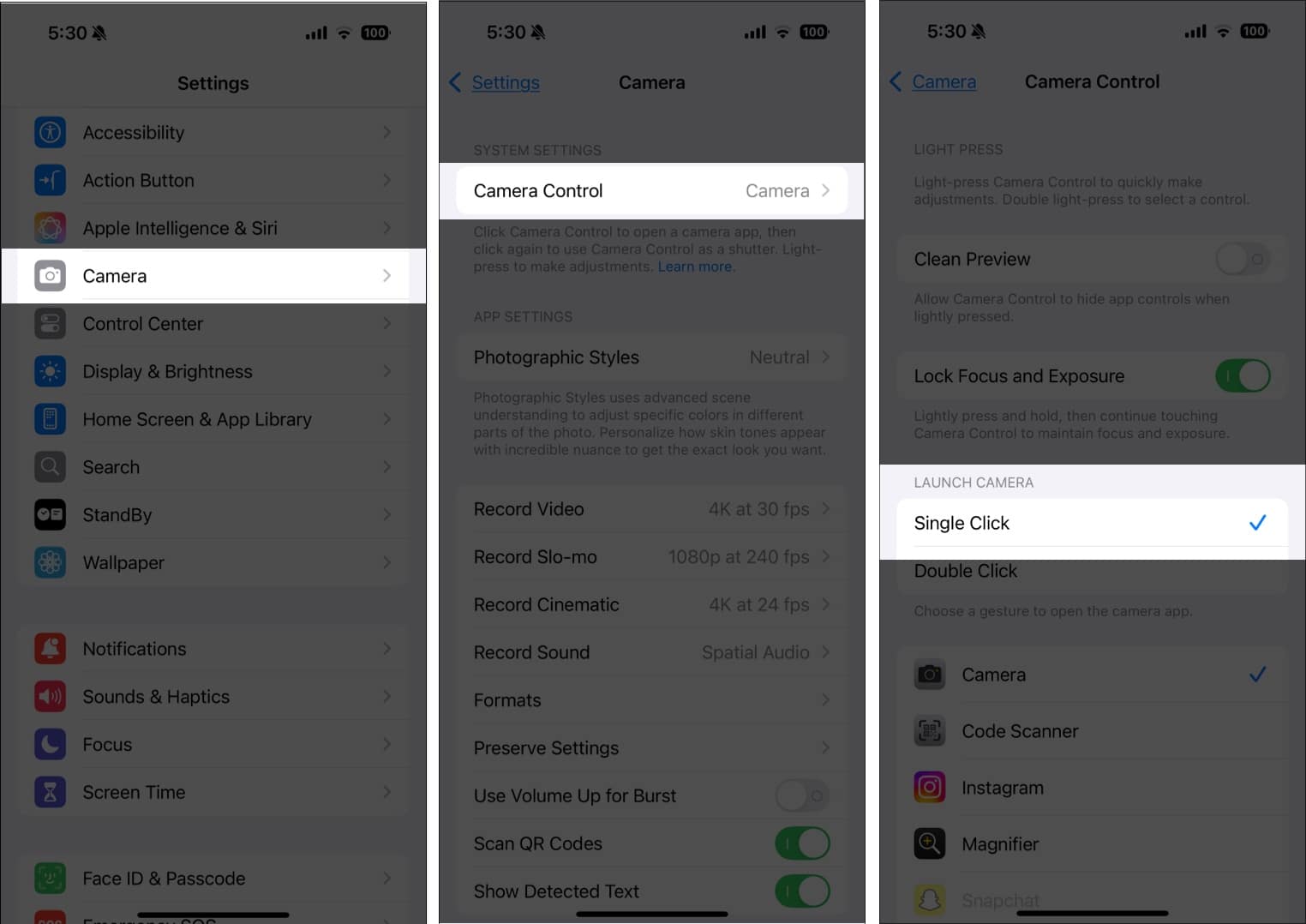 Selecting the Single Click gesture for Camera Control to launch the Camera app.