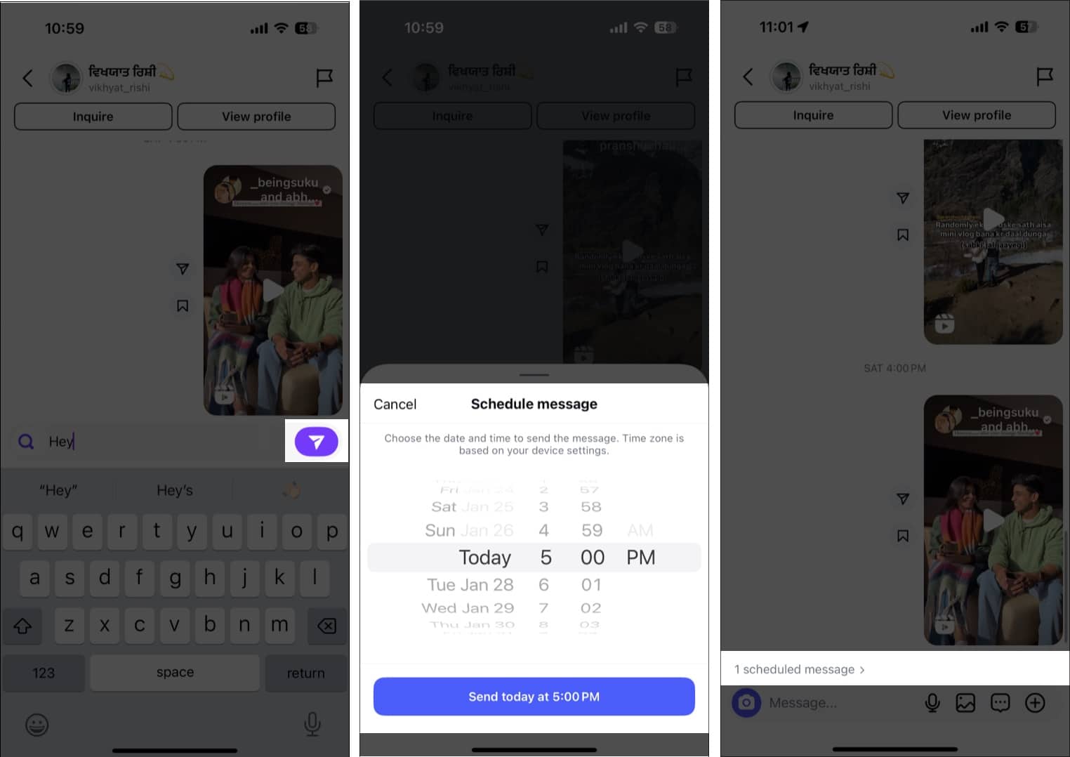 Long-press send and select a date and time to schedule a DM on Instagram.