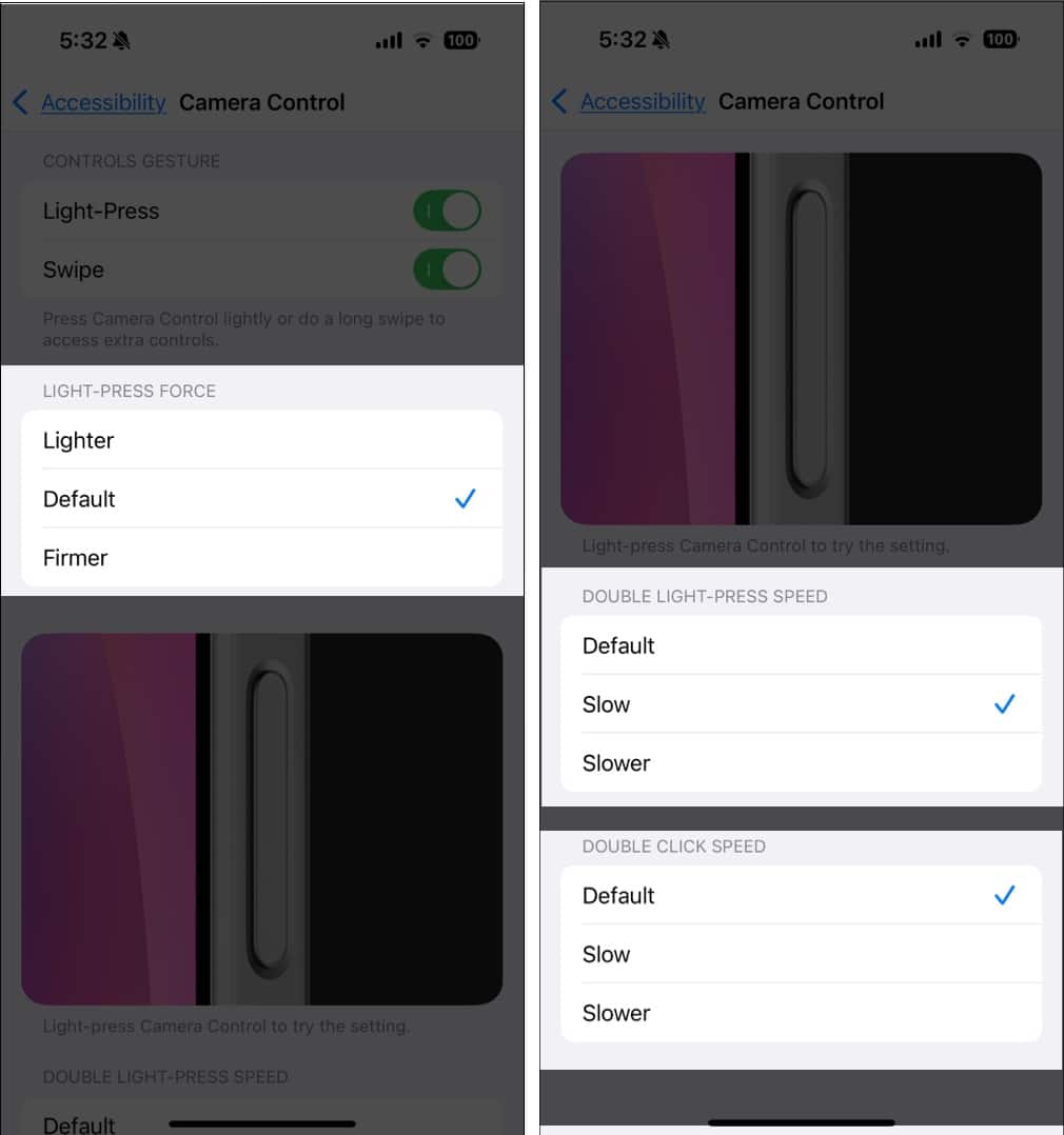 Setting sensitivity and speed for Camera Control gestures on an iPhone.