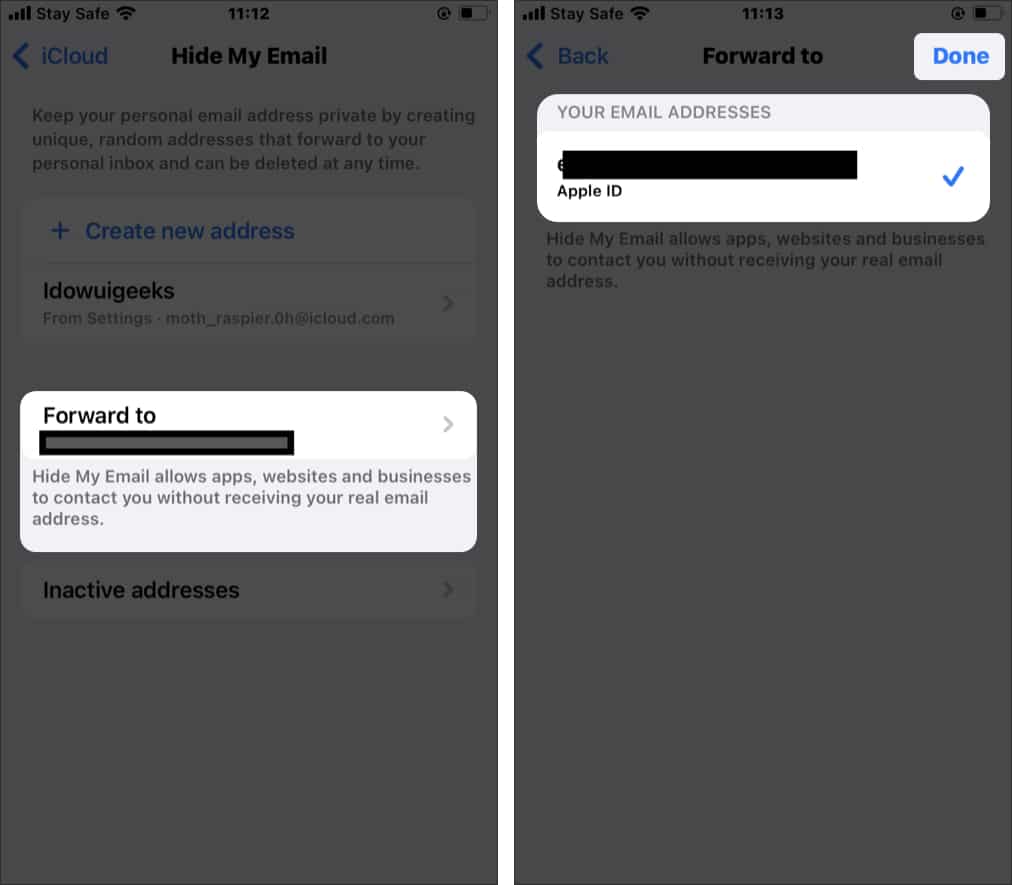 Setting up forwarding for a Hide My Email address on an iPhone.