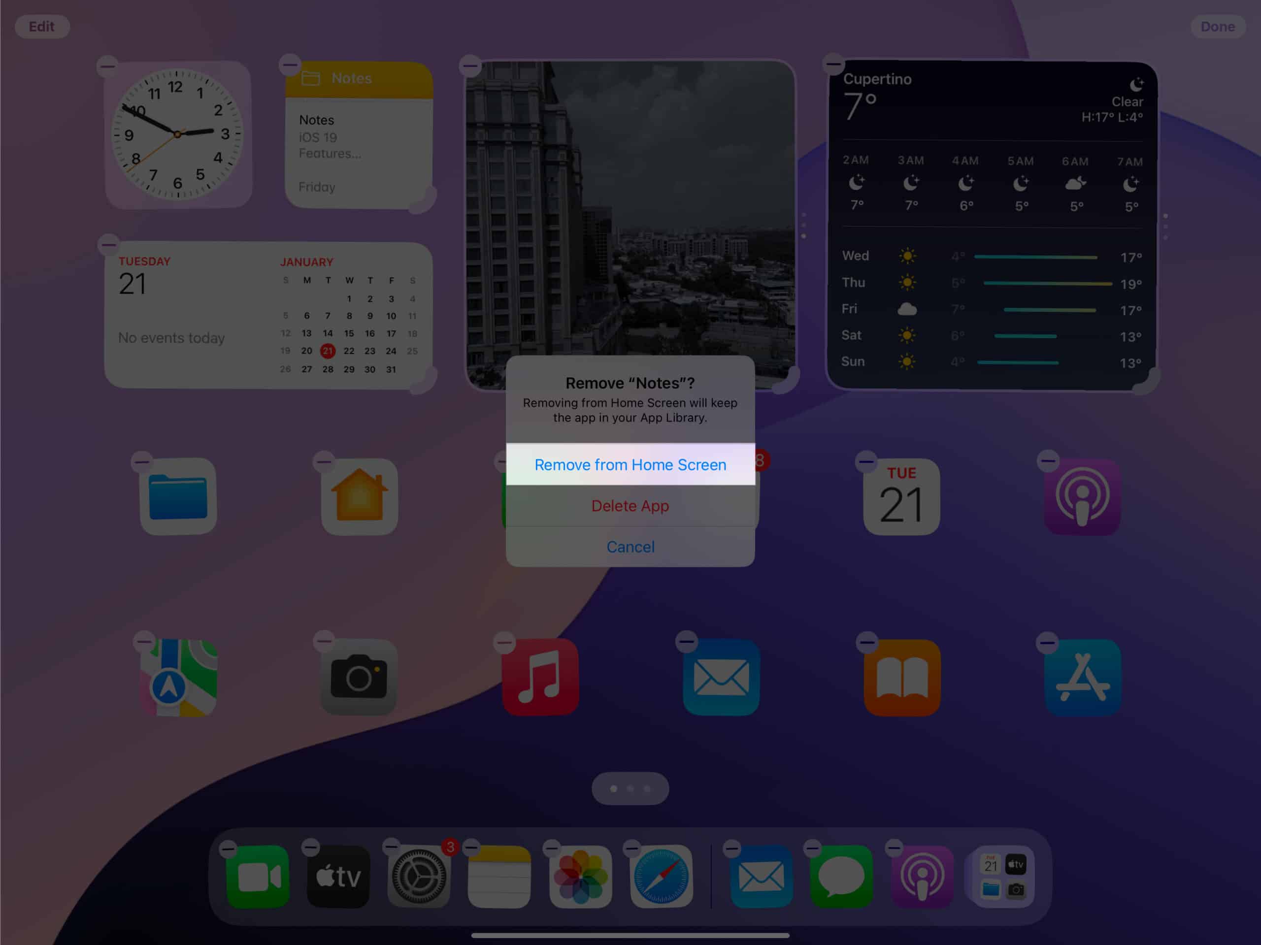 Prompt asking to confirm removing an app from the iPad Dock.