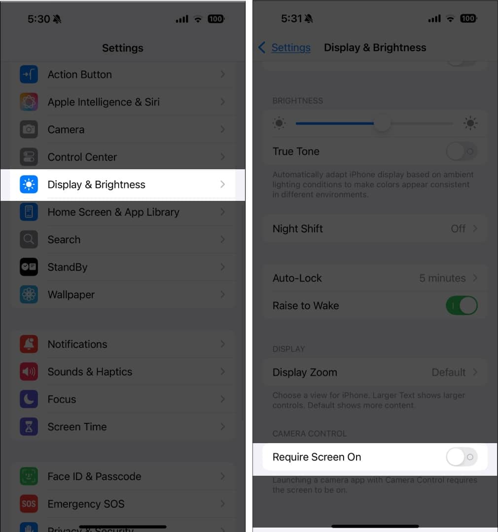 Turning off the Require Screen On option under Display & Brightness settings on an iPhone.