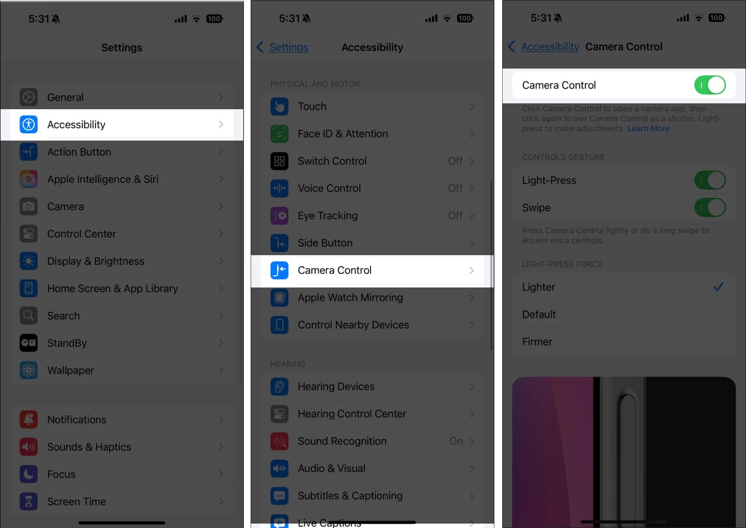 Turning on Camera Control under Accessibility settings on an iPhone.