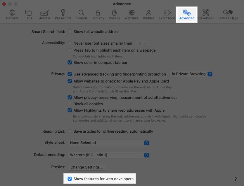 Advanced tab in Safari settings on a Mac.