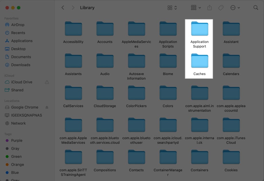 Checking Application Support and Cache folders in Finder.