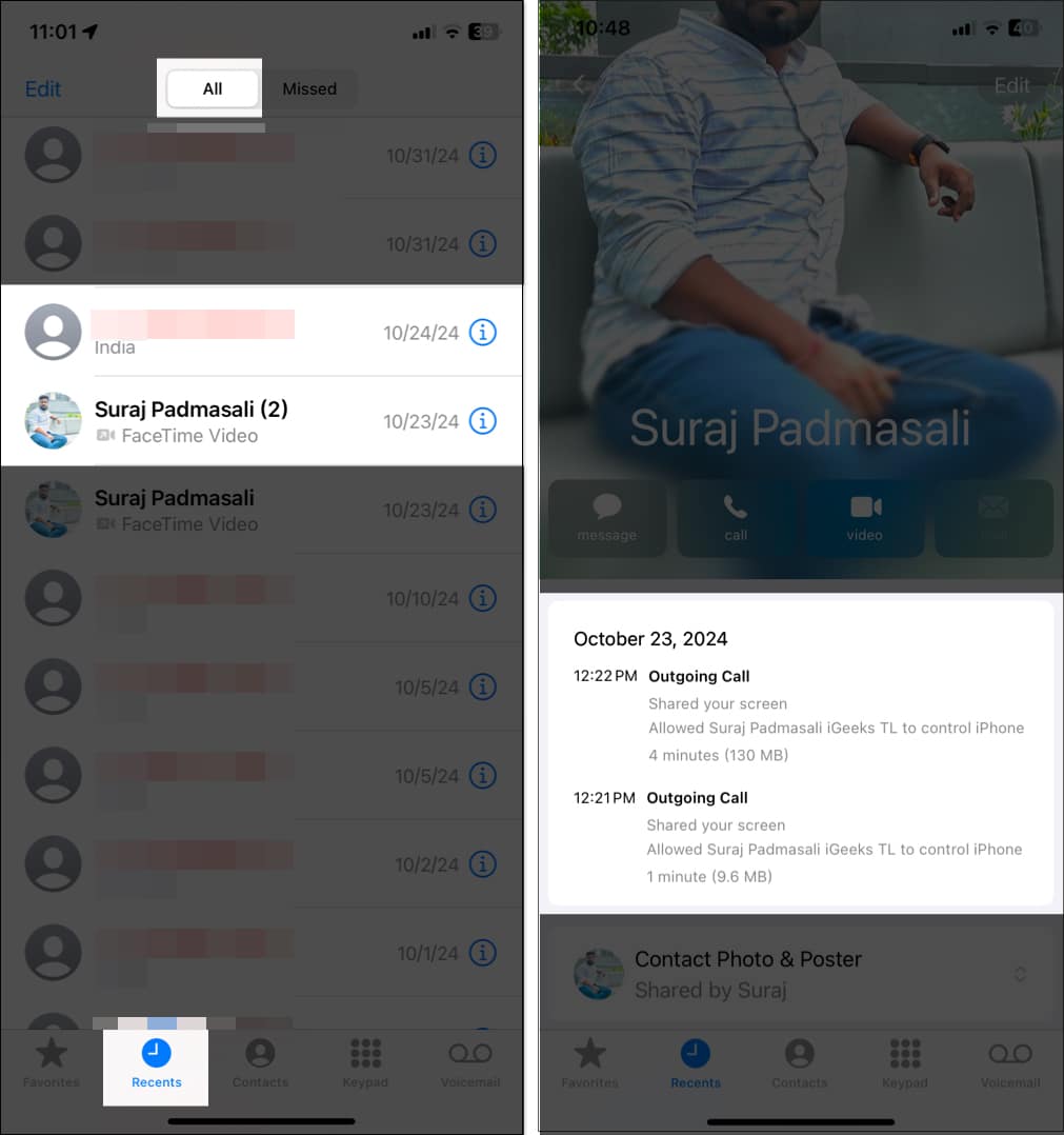 Accessing call history from the Recents tab in the Phone app on an iPhone.