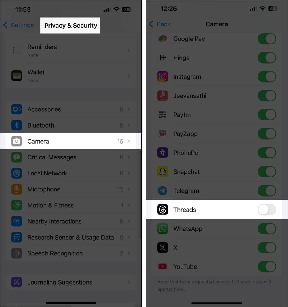 Disabling Camera access for an app on an iPhone.