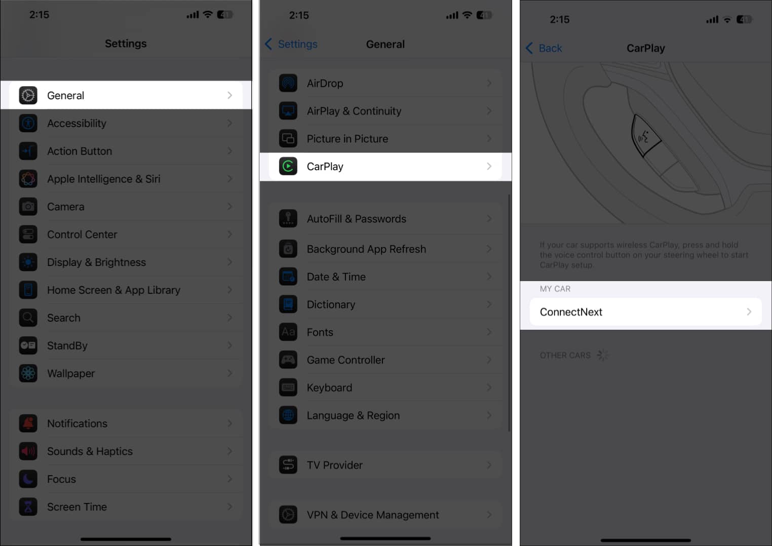 Accessing Carplay settings on iPhone.