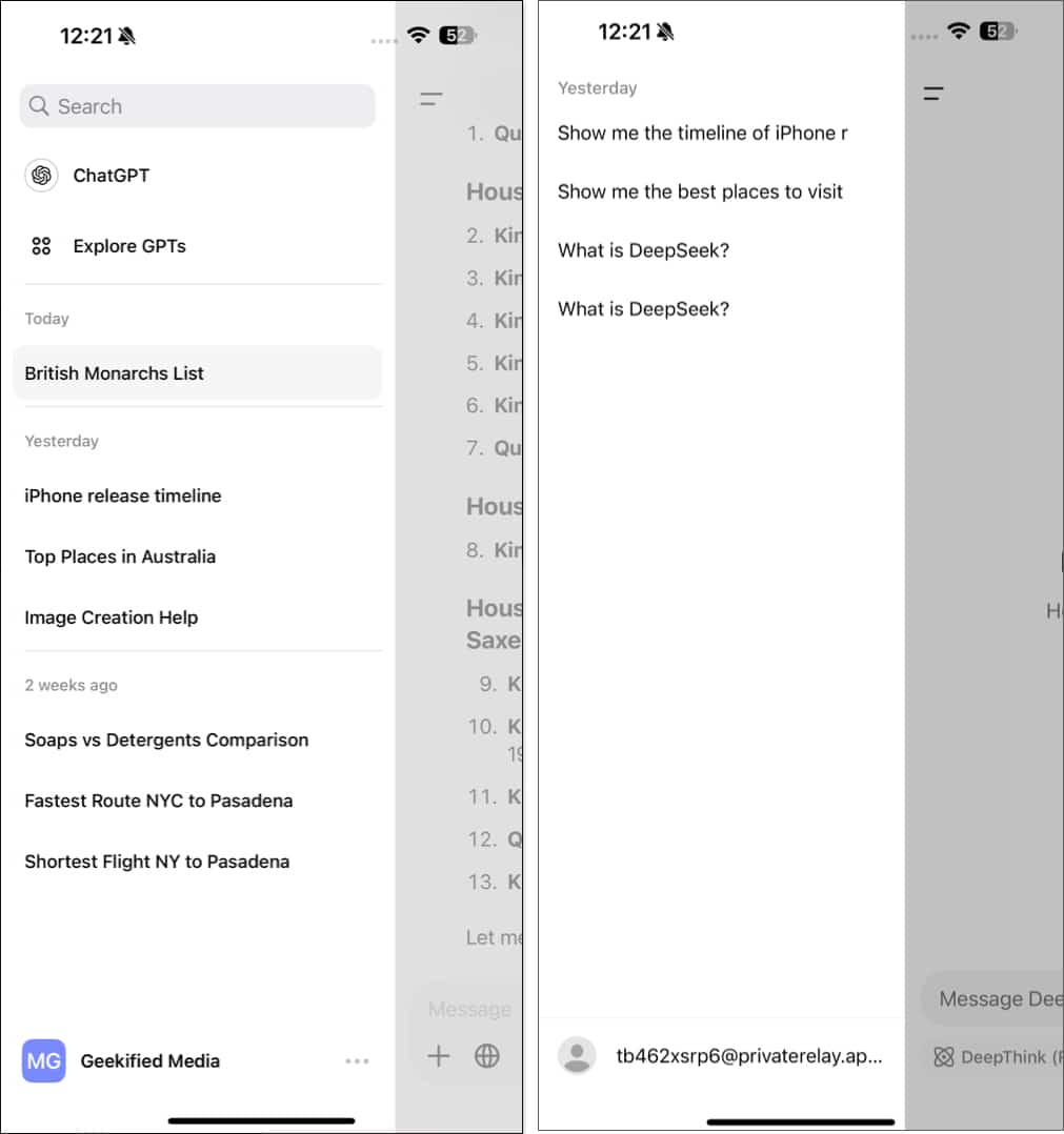 Accessing chat history and settings in ChatGPT and DeepSeek apps.