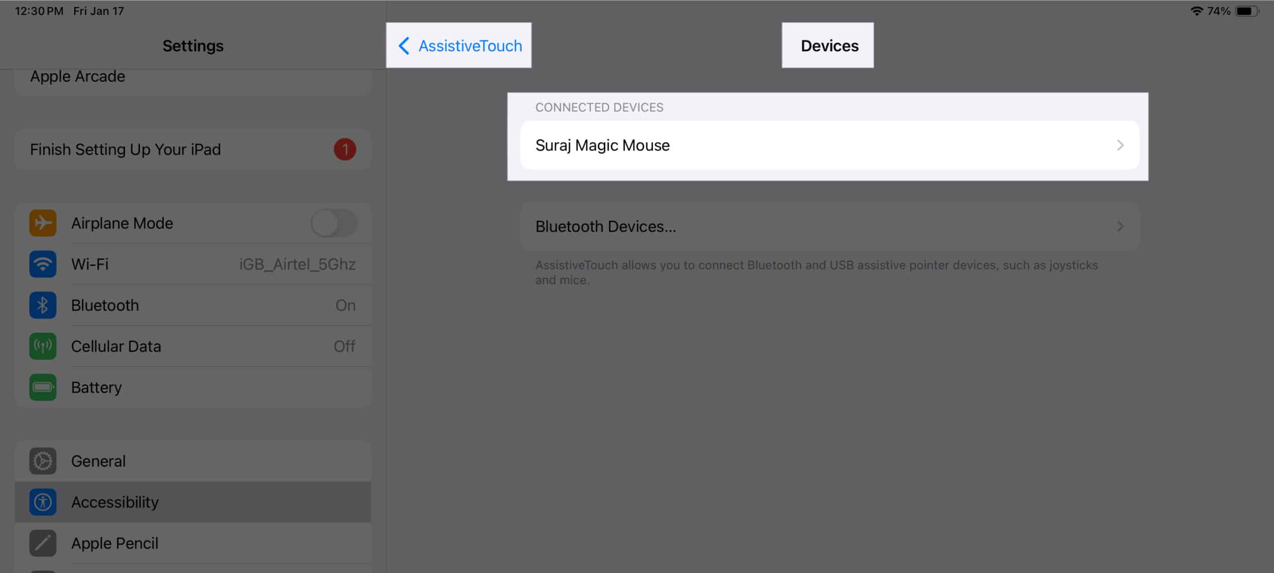 Accessing the connected wired mouse under Connected Devices in the Settings app.
