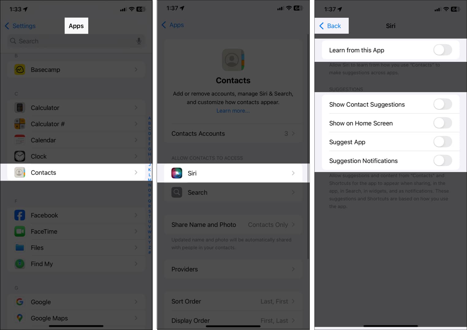 Accessing Contacts from iOS settings and toggling off all options for Siri.