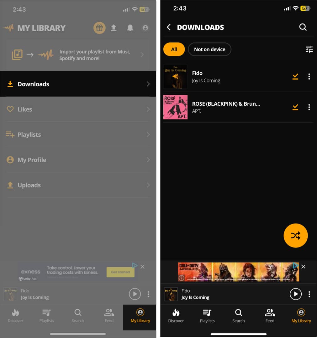 Accessing Downloads folder in Audiomack app.