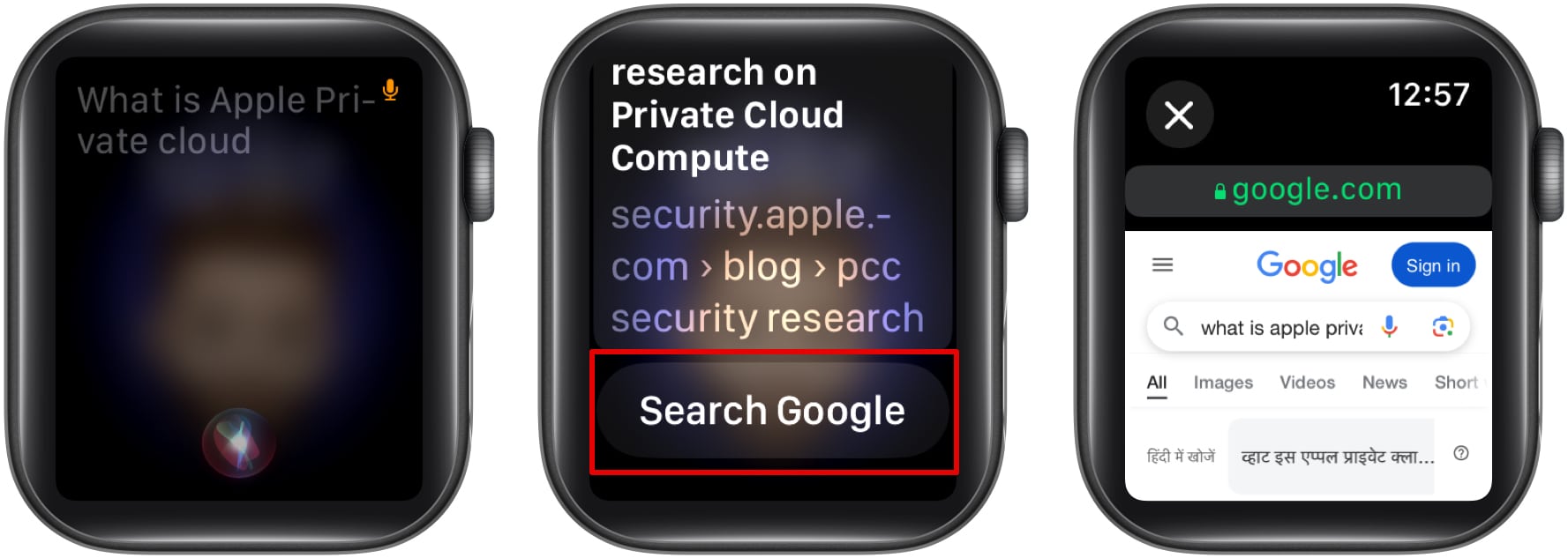 Accessing Google search on Apple Watch.