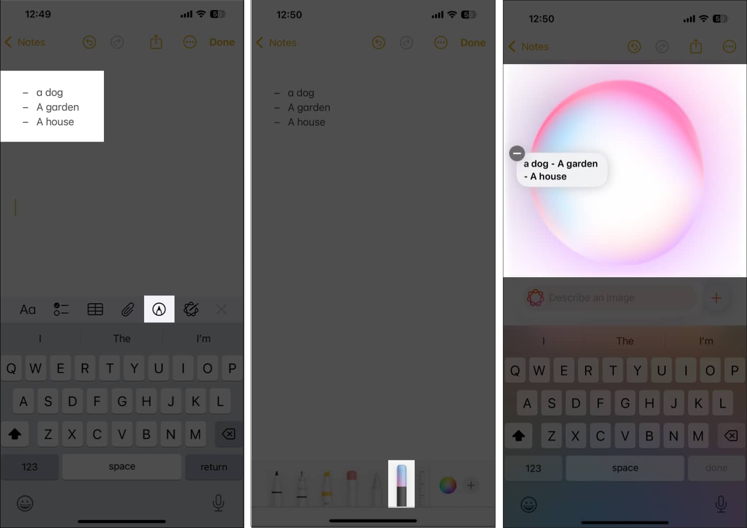 Accessing Image Wand in Notes app after adding text in a new note.
