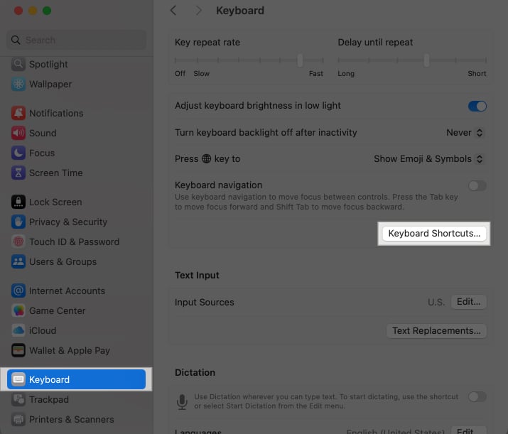 Accessing Keyboard on macOS System settings and click on Keyboard shortcuts button.