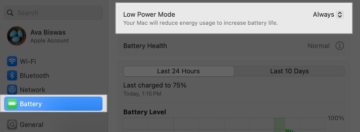 Accessing low power mode from battery system settings on Mac.