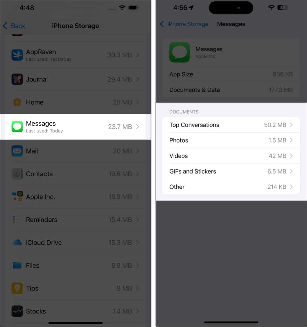 Accessing Messages app documents in iPhone Settings app.