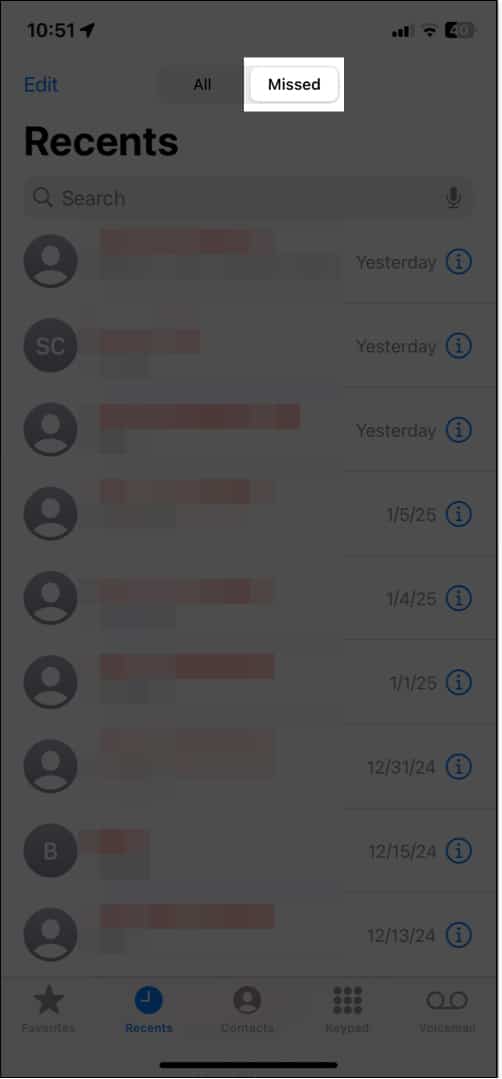 Accessing the Missed call tab in the Phone app on an iPhone.