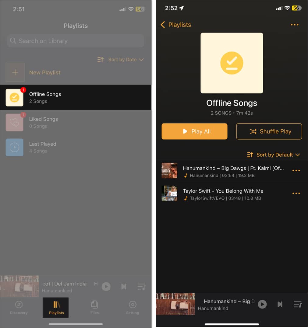 Accessing Offline songs folder from the Playlist tab.