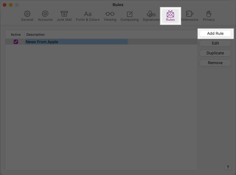 Accessing Rules tab in Mail app settings on Mac.