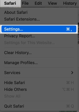 Accessing Safari browser settings on a Mac.