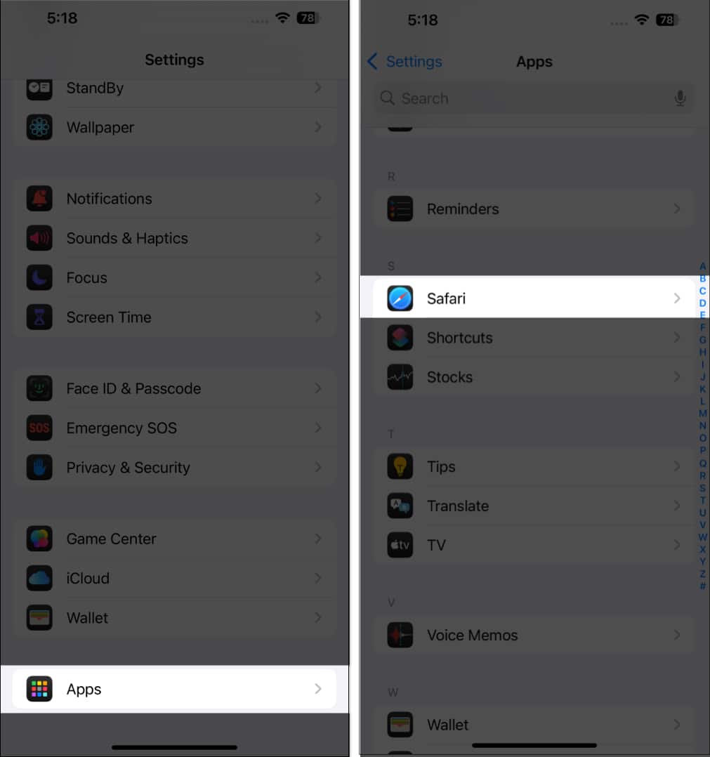 Accessing Safari settings in the iPhone Settings app.
