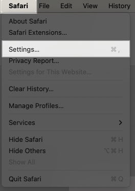 Accessing Safari settings from menu bar on Mac.
