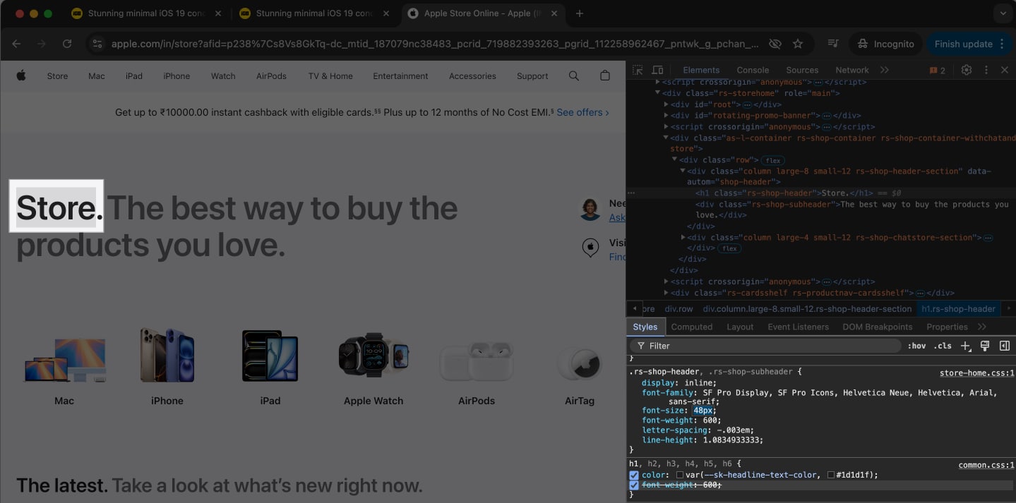 Accessing Styles section in Chrome Developer Tools on a Mac.