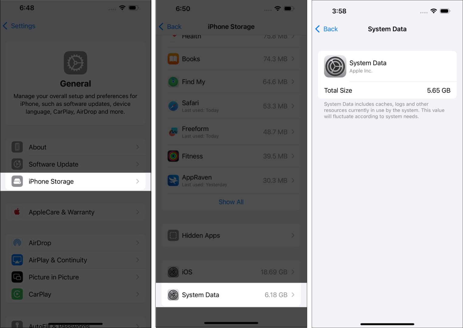 Accessing and checking System Data in iOS Settings on an iPhone.