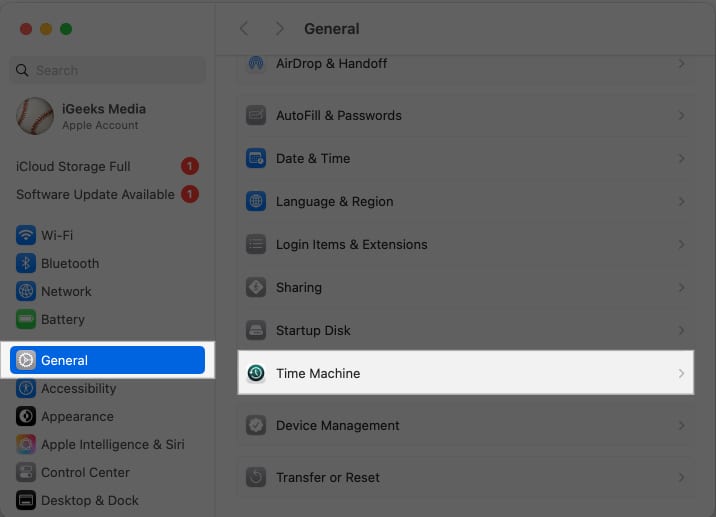Accessing Time Machine under General settings in the macOS System Settings app.