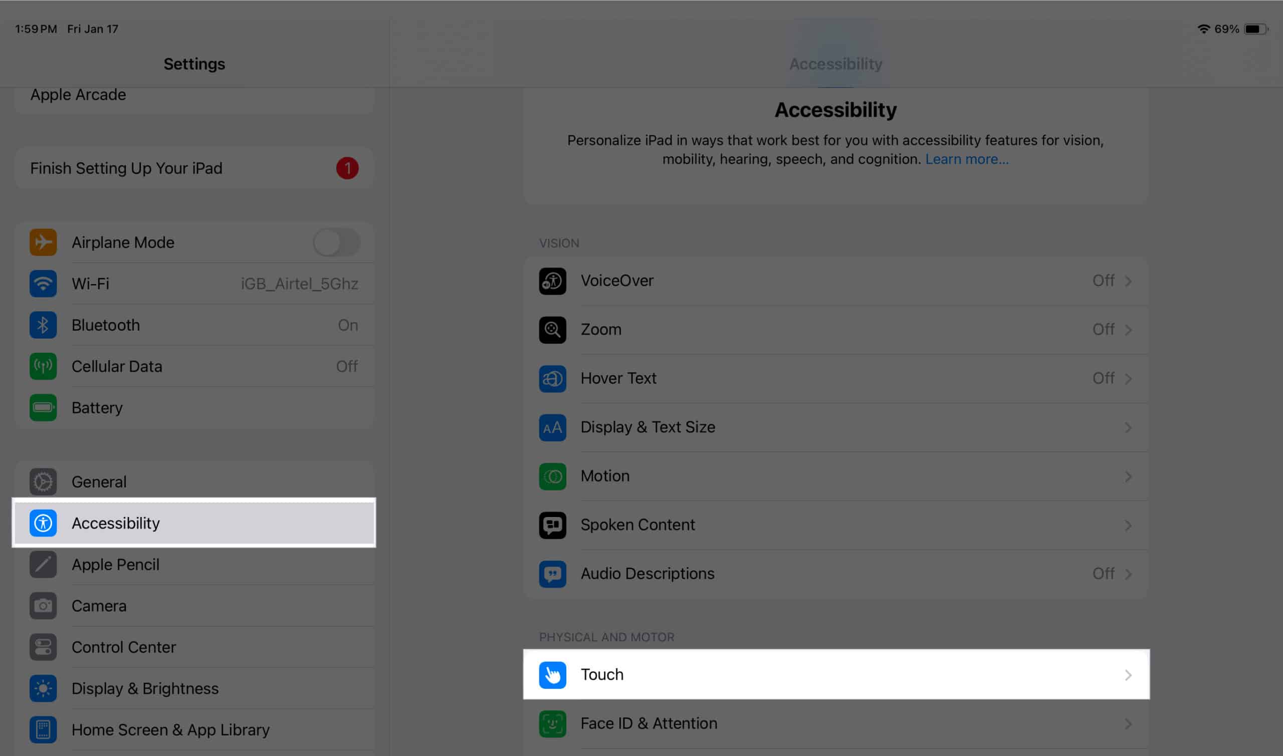 Accessing Touch options from the Accessibility page in iPadOS Settings app.
