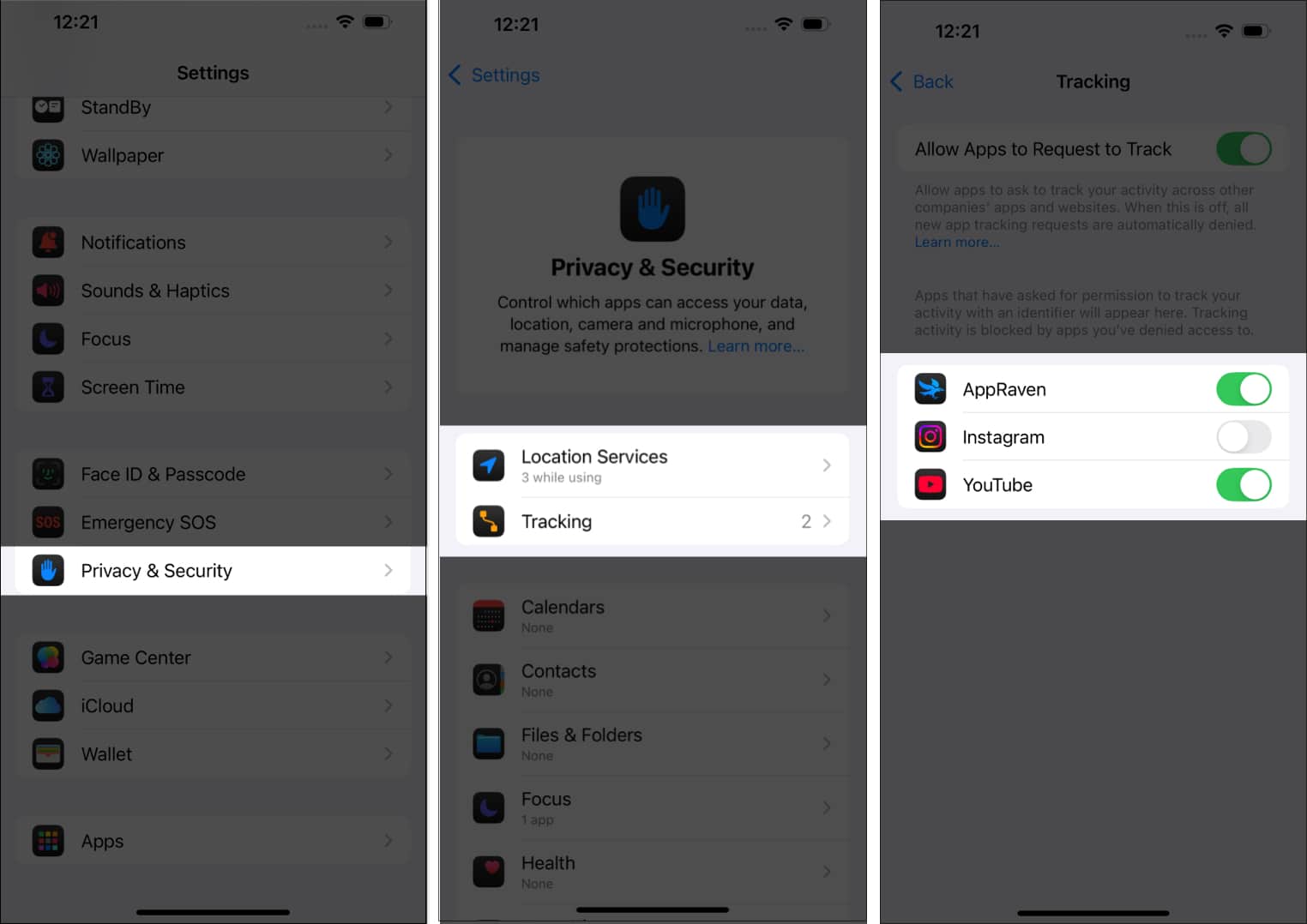Disabling new tracking requests from apps on an iPhone.