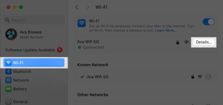 Accessing WiFi settings and click on Details button.