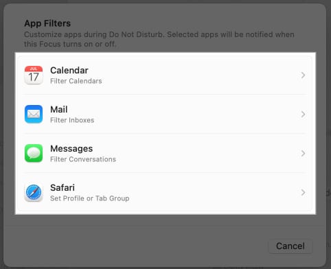 Adding Focus filters on Mac.