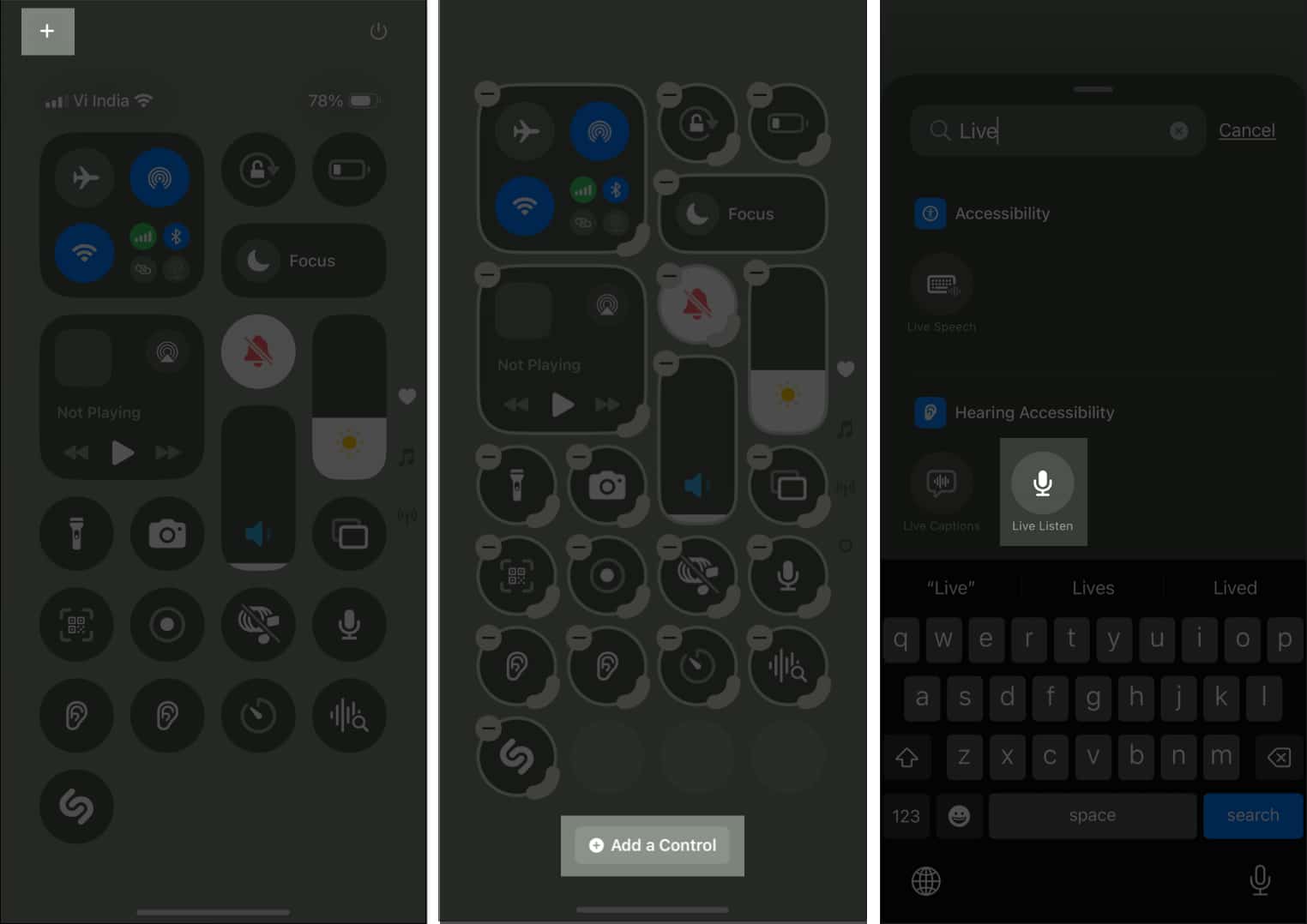 Adding Live Listen control in Control Center on iPhone.