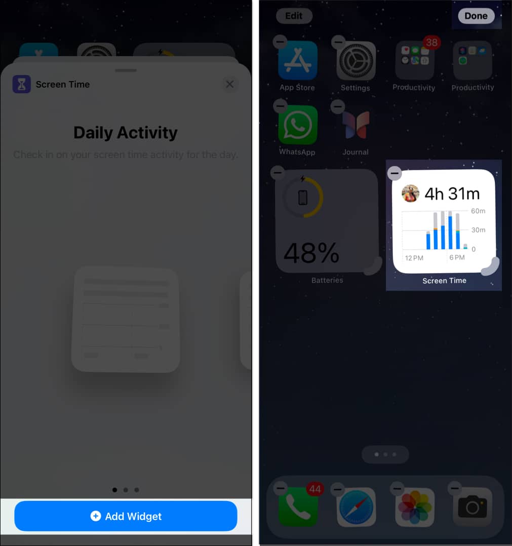 Adding Screen Time widget on iPhone home screen.