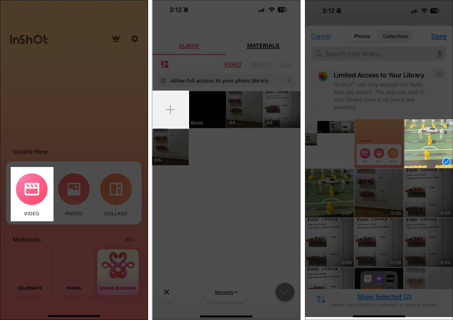 Adding videos in the Inshot app on an iPhone.