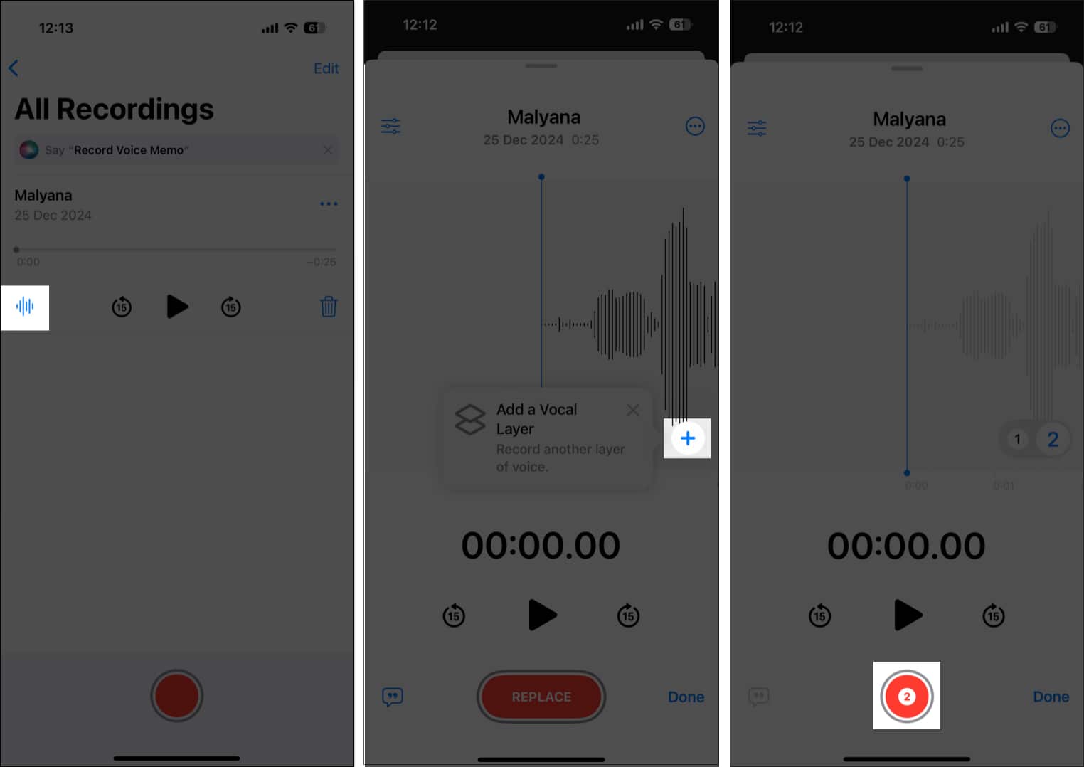 Adding vocal layer to a recording in Voice Memos app on iPhone.