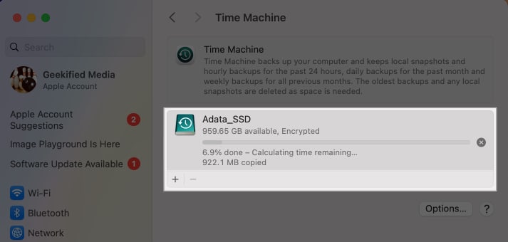 Time Machine backup progress in System Settings.