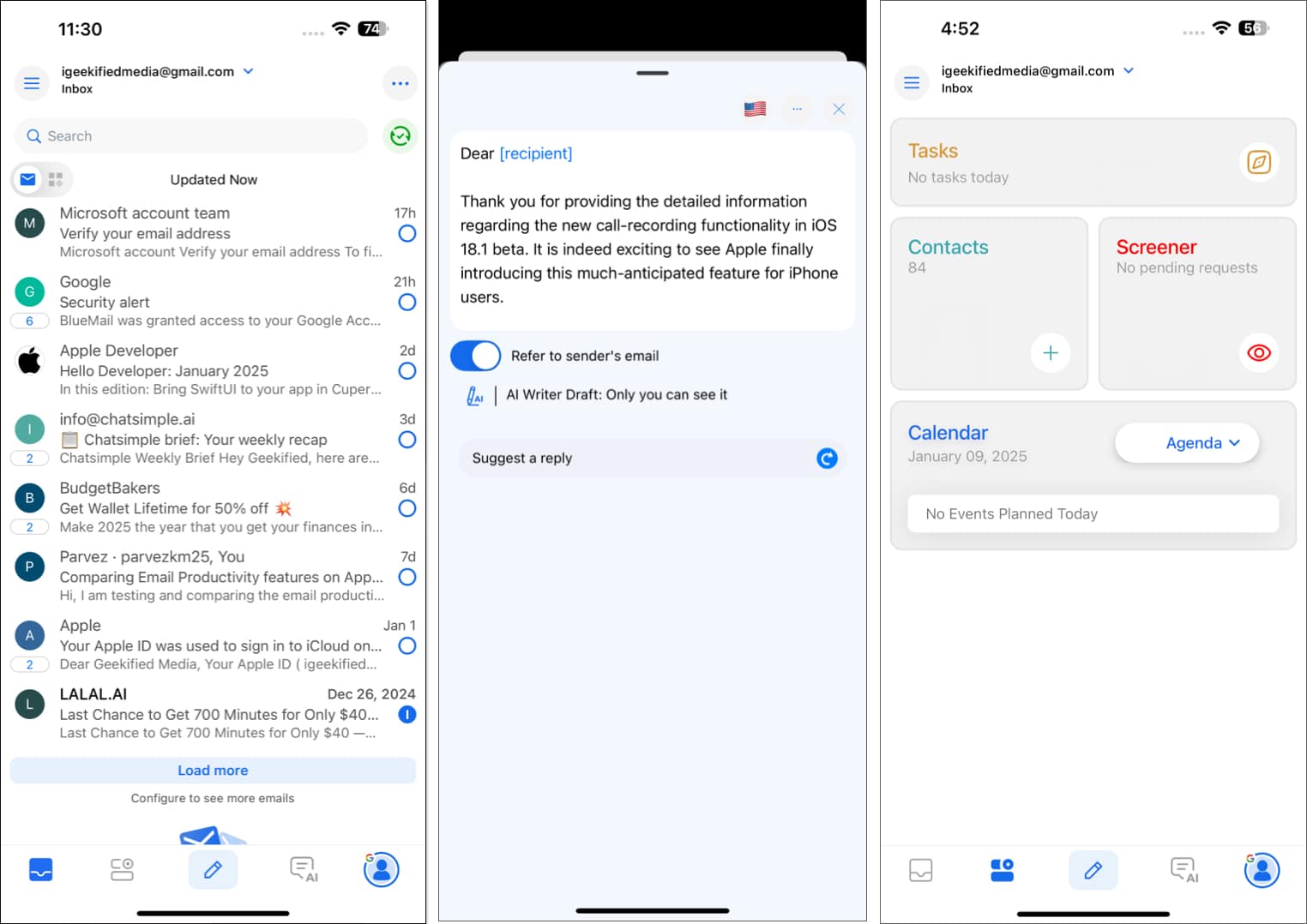 Blue Mail app on an iPhone.