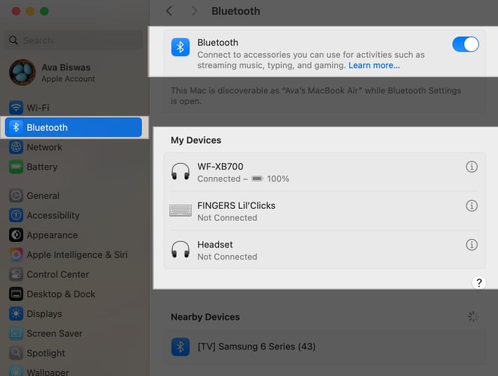 Bluetooth settings on MacBook system settings.